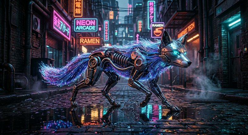 Mechanical cyber wolf with glowing eyes stands on wet cobblestones in a neon lit cyberpunk alley