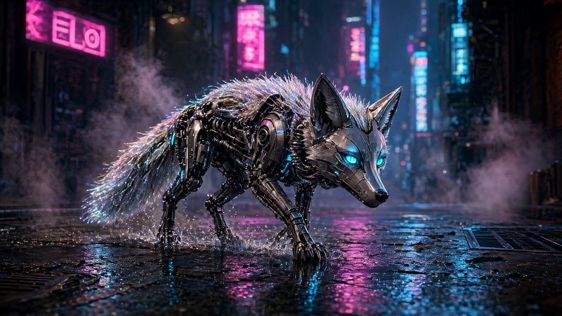Metallic cybernetic fox with glowing blue eyes stands on a wet neon-lit cyberpunk city street