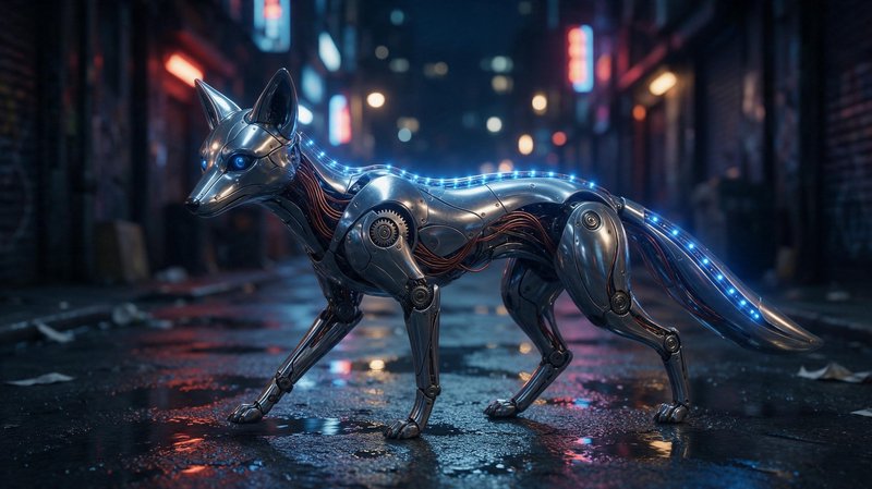 Shiny chrome robotic fox stands alert on a wet neon-lit urban alley at night