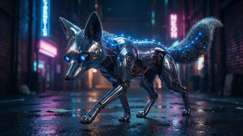 Sleek chrome robotic fox with glowing blue eyes stands in a rain-slicked neon city alley