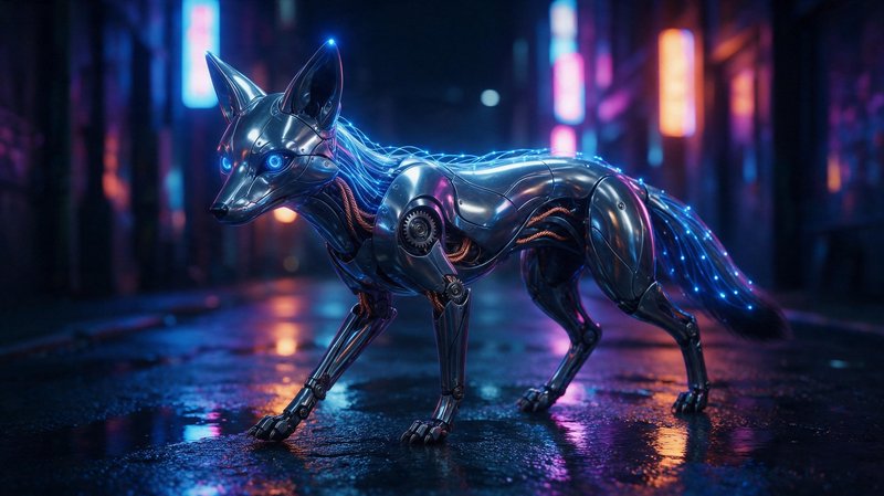 Sleek chrome robotic fox standing alert on wet pavement in a neon lit cyberpunk alley at night
