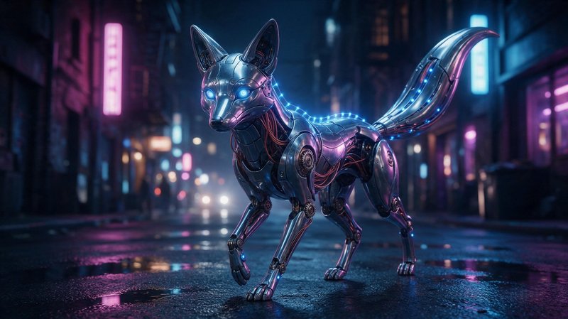 Shiny metallic cybernetic fox stands on a rain-slicked neon lit cyberpunk city street at night