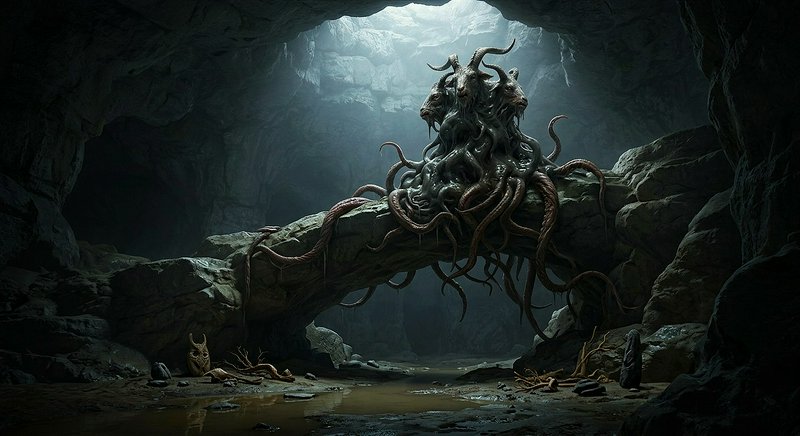 Three-headed tentacled chimeric monster perched on a rock arch inside a misty underground cave