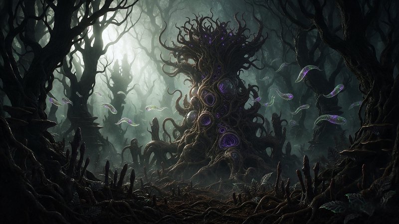 Twisted glowing purple ancient tree stands in a misty dark fantasy forest with floating luminous sprites