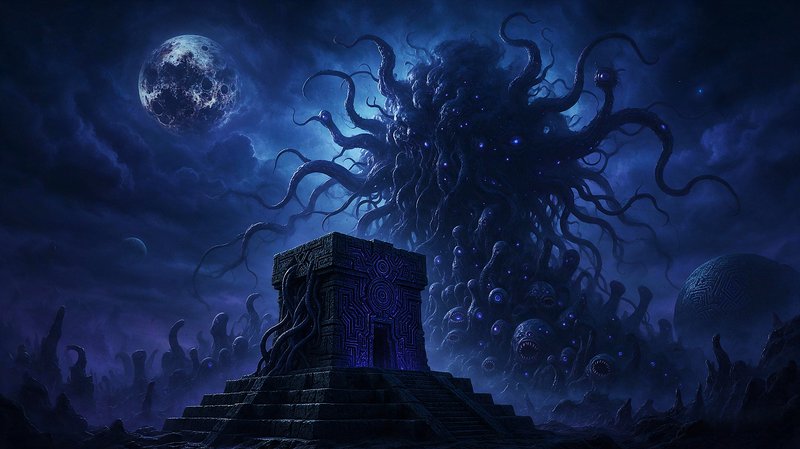 Massive tentacled cosmic elder god looms behind an ornate alien ziggurat under a glowing cratered full moon