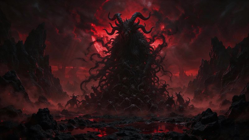 Massive multi-horned demon overlord looms over a fiend horde beneath a glowing blood red moon in a hellish wasteland