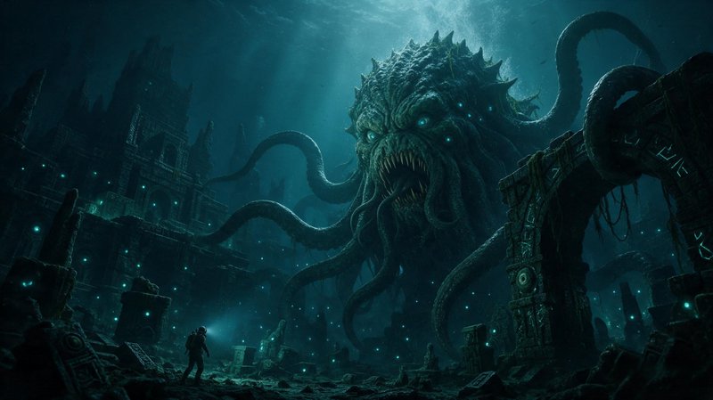 Lone deep sea diver confronts a colossal tentacled Cthulhu entity in a sunken underwater ruin city