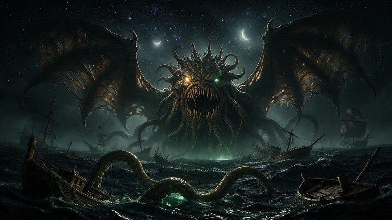 Giant winged tentacled sea monster rising from stormy ocean beside wrecked ships under a starry night sky