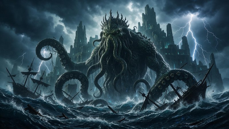 Massive Cthulhu rises from stormy churning seas as lightning crashes above the sunken city of R'lyeh