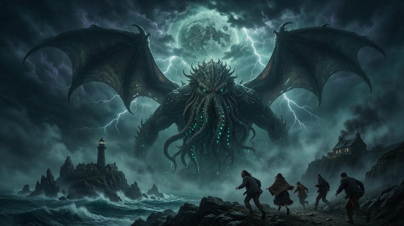 Giant winged Cthulhu looms over a stormy coast as terrified villagers flee under a lightning-streaked glowing moon