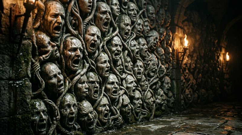Stone wall carved with dozens of screaming trapped faces lines a torchlit damp dungeon corridor