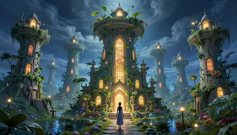 Lone traveler stands before glowing overgrown fantasy towers in a lush magical night landscape