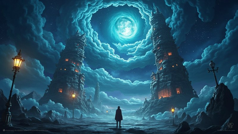 Lone silhouetted figure stands between ancient spired towers beneath a swirling glowing night sky...