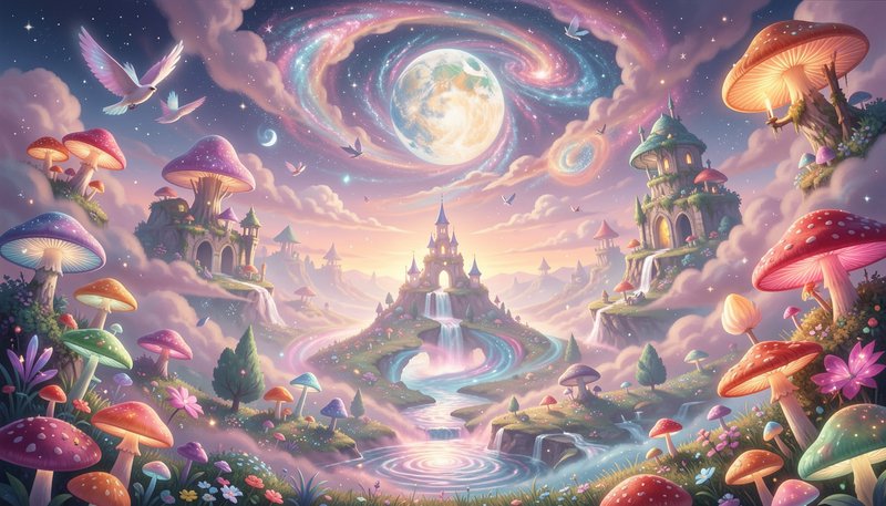 Whimsical enchanted fantasy landscape with giant glowing mushrooms, fairy castles, and a swirling...