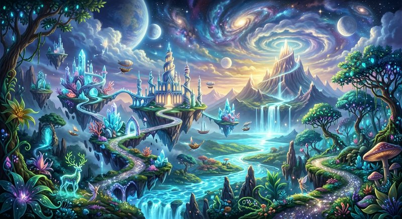 Whimsical floating crystal castle fantasy landscape under a swirling starry cosmic sky with glowi...
