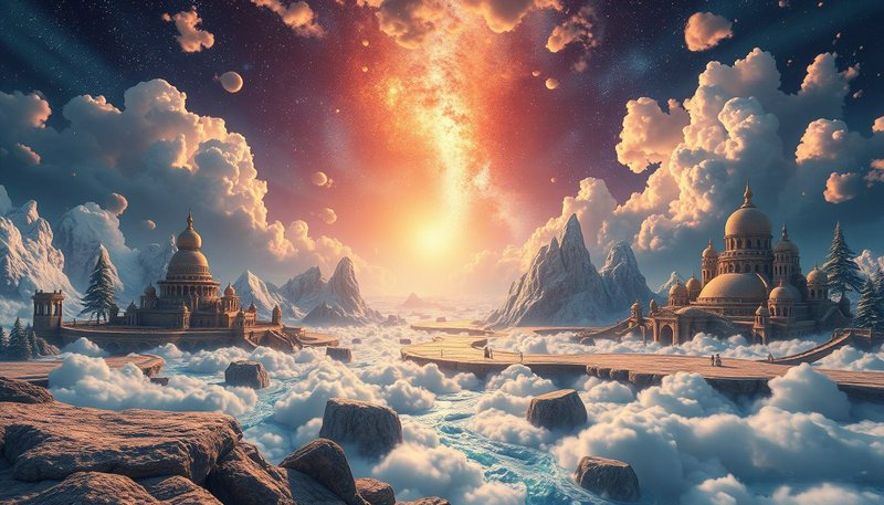 Twin domed floating temple complexes rise above a sea of clouds under a glowing cosmic sky
