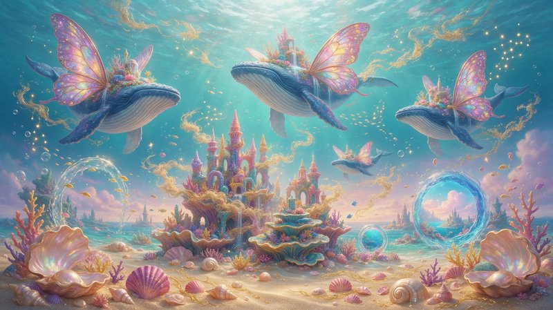 Iridescent butterfly-winged whales float above a pastel coral castle on a sunlit sandy ocean seabed