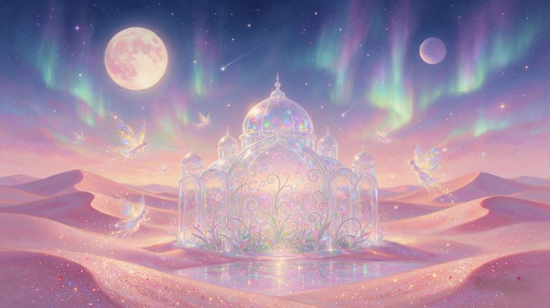 Iridescent crystal domed palace sits in pink sand desert with flying fairies under aurora lit nig...