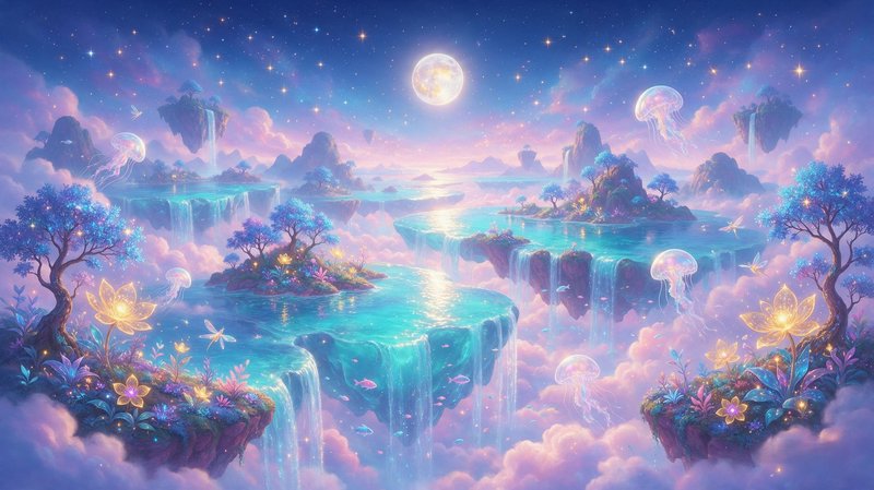 Ethereal floating fantasy islands with glowing plants, jellyfish, and waterfalls hover above clou...