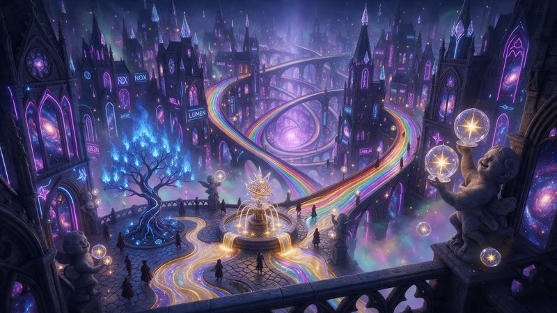 Surreal gothic fantasy city with glowing rainbow roadways, cosmic windows, and enchanted central ...