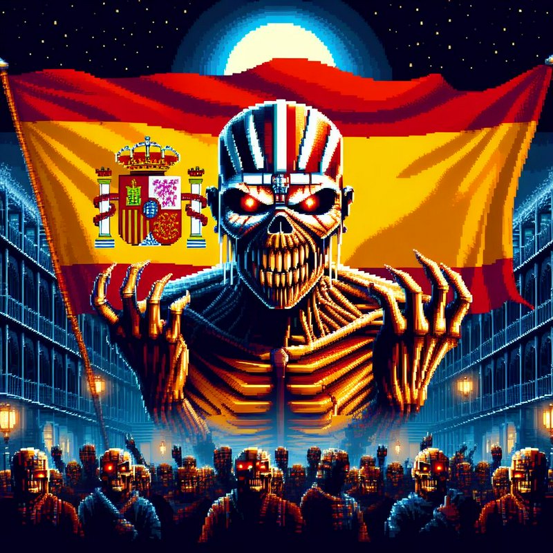 Menacing pixel art skeletal mascot looms before a Spanish flag over a crowd of skeletons at night