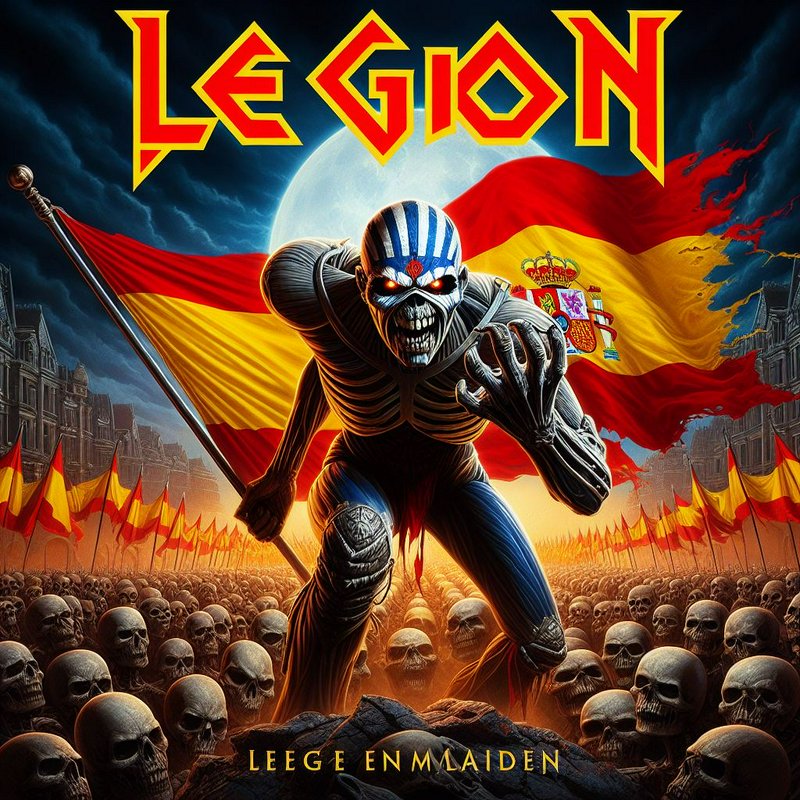 Skeletal Iron Maiden-style mascot holds a tattered Spanish flag above a sea of skulls on a metal ...