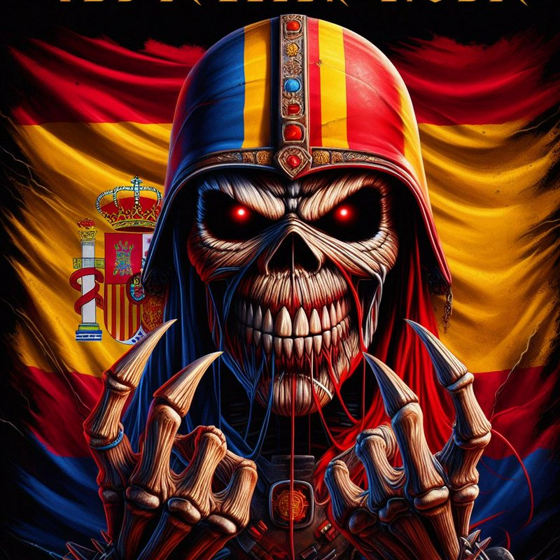 Menacing skeletal warrior with glowing red eyes stands before a waving Spanish national flag