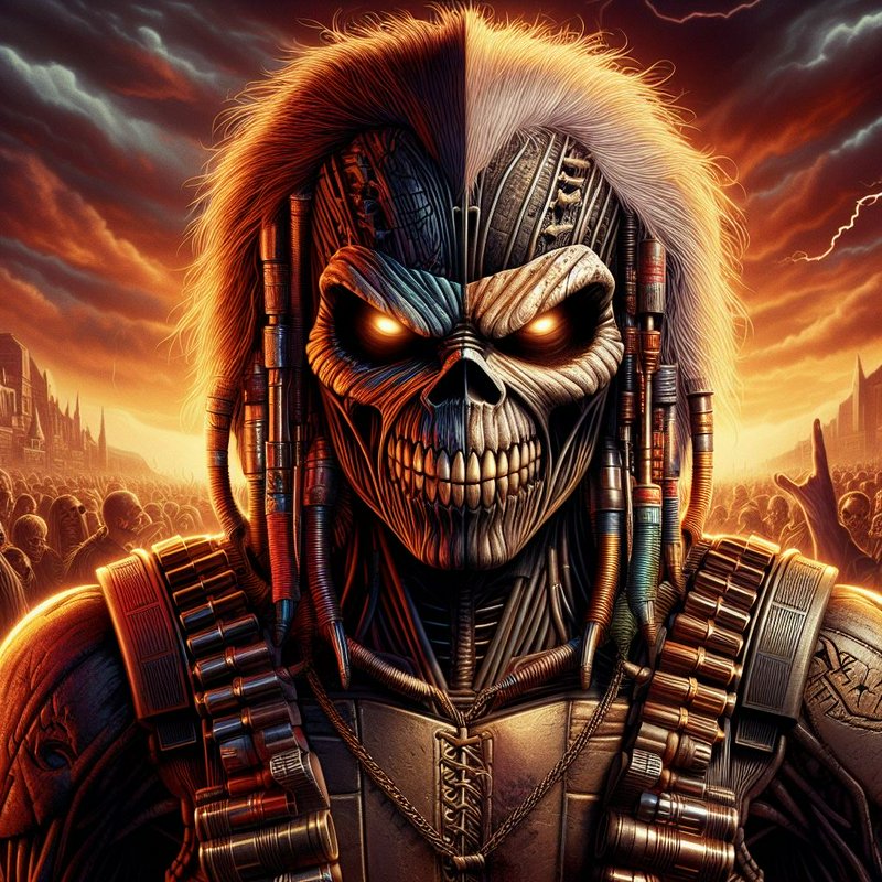 Armored skull heavy metal mascot with glowing eyes stands against a fiery storm sky above a crowd...