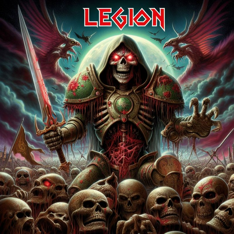 Hooded skeletal lich with glowing red eyes holds a bloodied sword above an undead skull army, LEG...