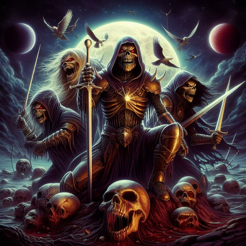 Armored hooded skeletal undead warriors stand over a pile of skulls beneath a glowing full moon.