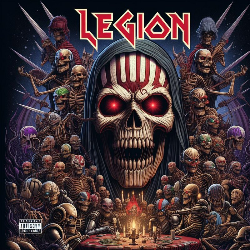 Heavy metal album cover titled LEGION featuring a central hooded glowing-eyed skull surrounded by...