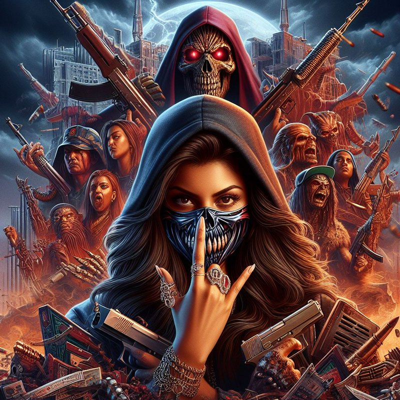 Hooded woman in skull mask shushes, surrounded by armed monstrous figures under a stormy moonlit ...