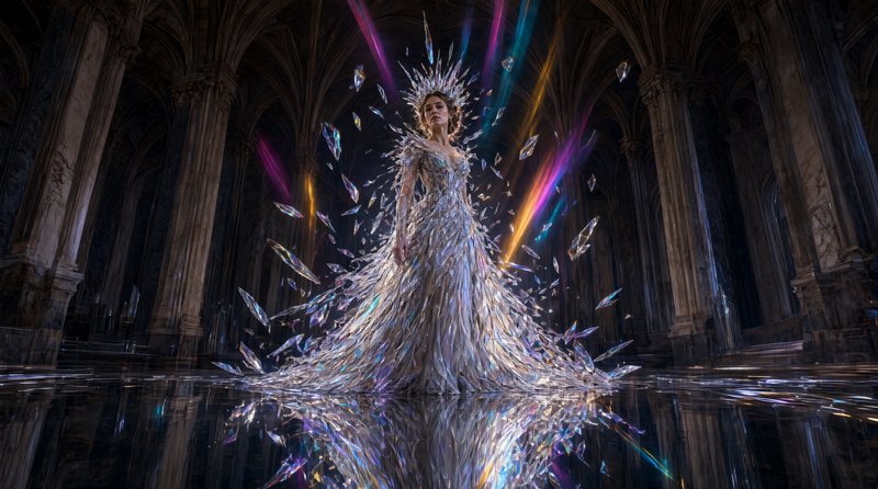 Regal fantasy ice queen in a crystal gown stands in a gothic hall surrounded by floating iridesce...
