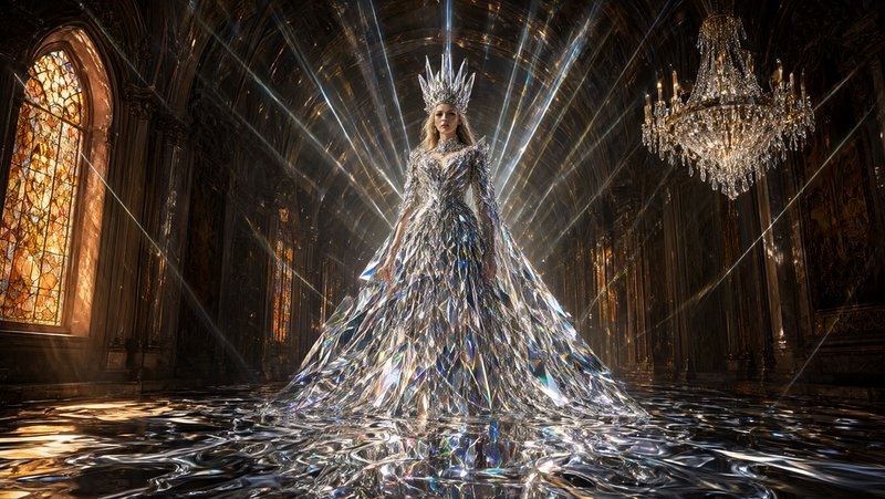 Regal ice queen in a faceted crystal gown stands in a flooded gothic cathedral with radiating lig...