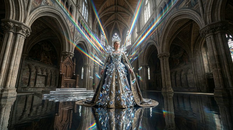 Regal crystal queen in an ornate gemmed gown stands in a flooded gothic cathedral with rainbow li...