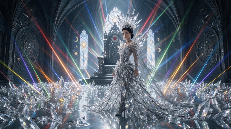 Regal ice queen in a crystal gown stands in a gothic throne room with rainbow refracted light rays