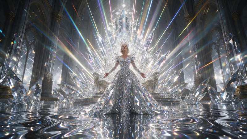 Regal ice queen in a shimmering crystal gown stands before a giant crystalline throne with rainbo...