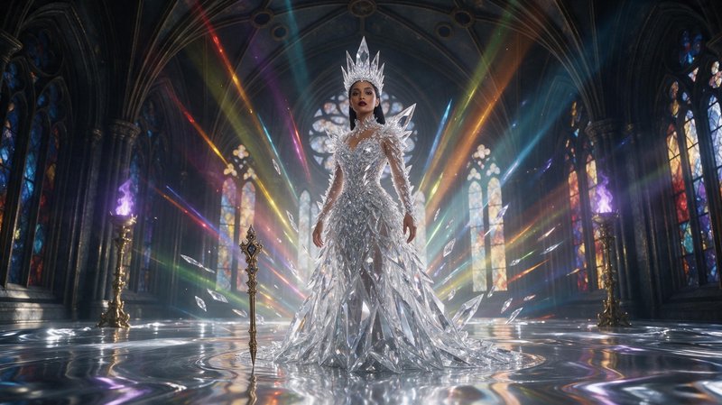 Ice queen in a crystal gown and crown stands in a grand cathedral as rainbow light streams throug...