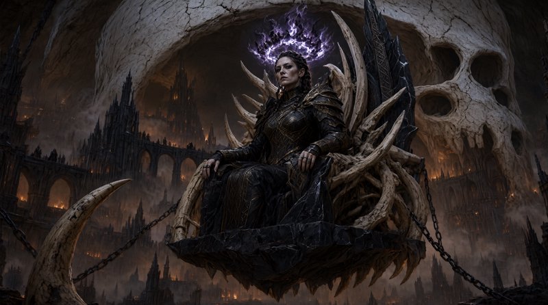Armored dark fantasy queen sits on a bone throne beneath a glowing purple magic halo, giant ancie...