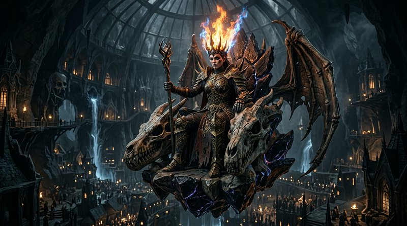 Armored lich queen with a flaming crown sits on a floating dragon skull throne above a subterrane...