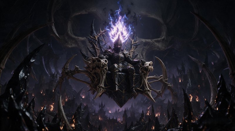 Armored lich king sits on a bone throne crowned with glowing purple arcane flame above a hellish ...