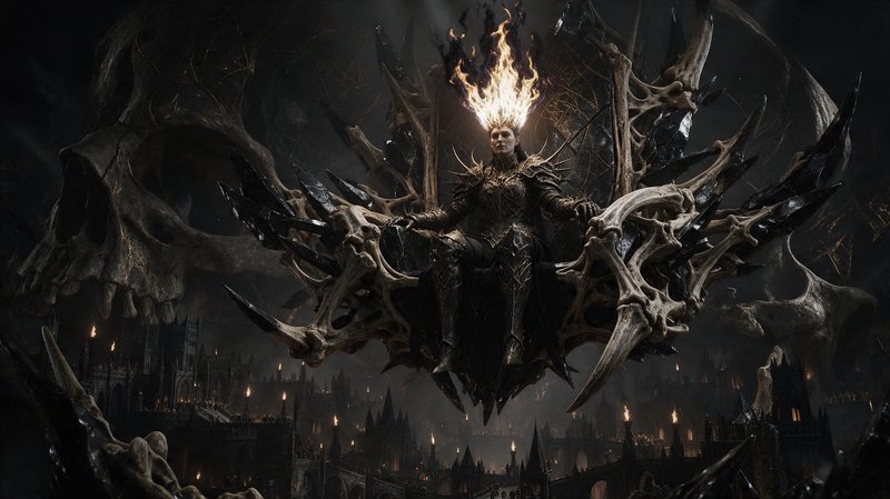 Armored dark monarch with a flame crown sits on an ornate bone throne overlooking a torchlit goth...