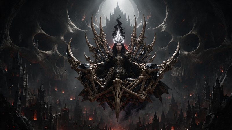Dark sorceress with a flame crown sits on an ornate bone throne above a fiery gothic underworld