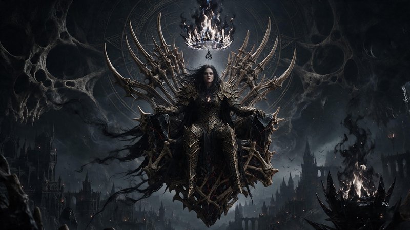 Armored dark fantasy empress sits atop an ornate bone throne beneath a floating crown of cursed f...