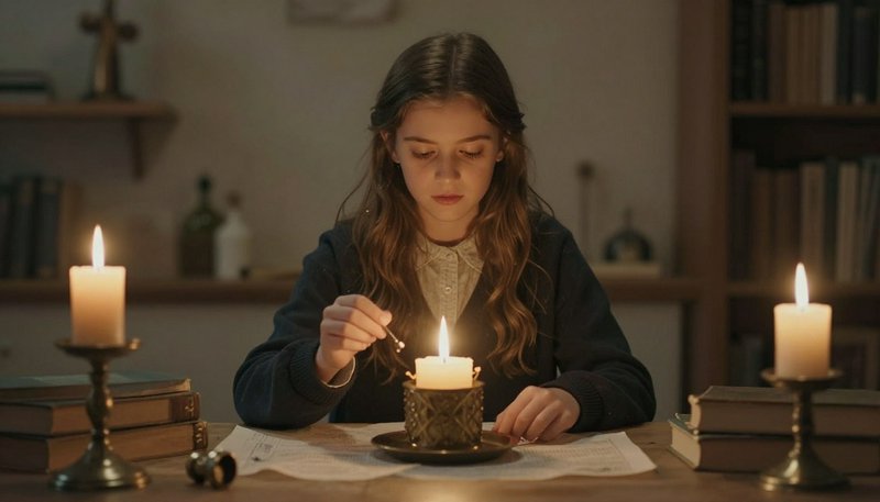 Young girl seated at a candlelit wooden desk tending a lit central candle, surrounded by old books