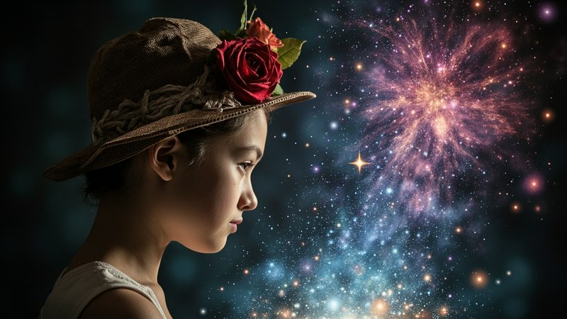 Profile view of a girl in a rose-decorated hat gazing at a glowing cosmic starburst nebula