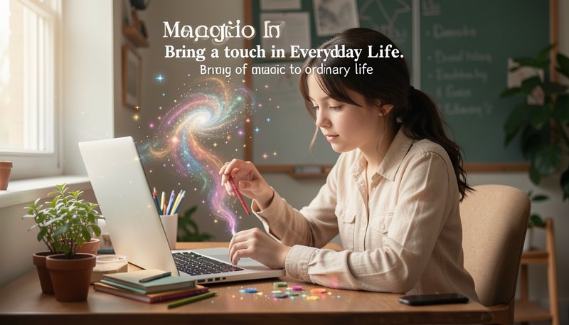 Young student at a sunlit desk conjures swirling glowing magical light from her pencil next to an...