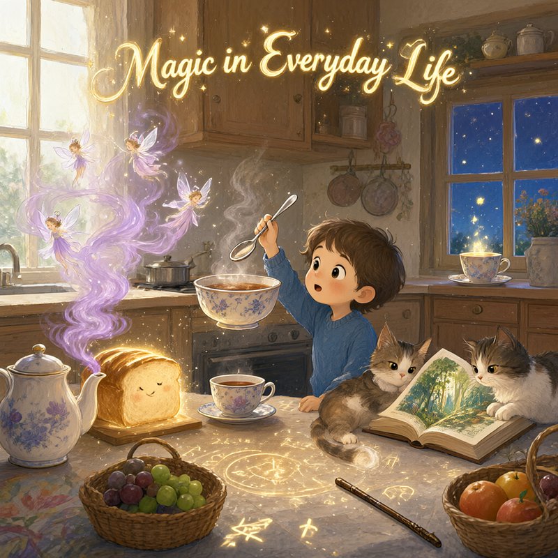 Wide-eyed boy sits at a cozy kitchen table surrounded by fairies, enchanted floating food, cats, ...