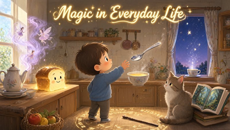 Young boy interacts with magical floating objects and fairies in a cozy enchanted cottage kitchen