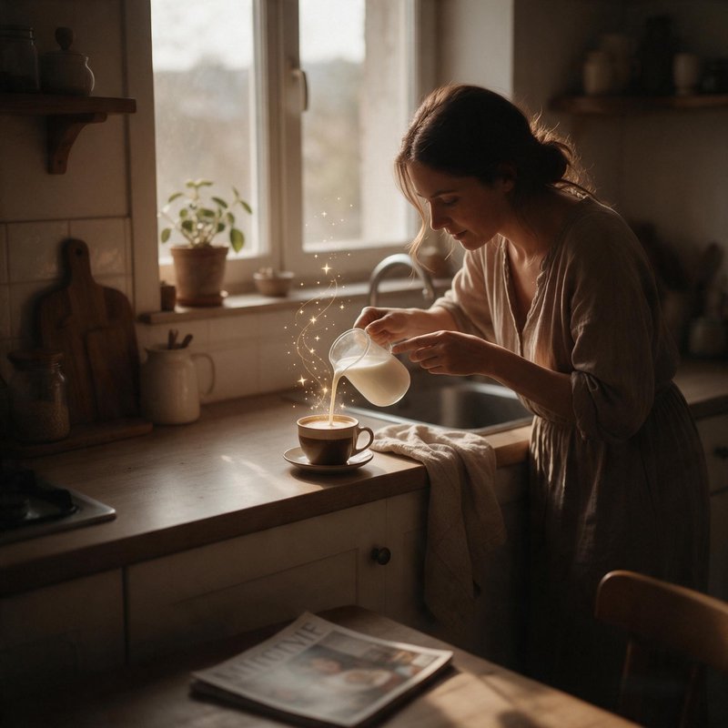 Woman pouring milk into a coffee mug, soft glowing magical sparkles rising from the pour in a sun...